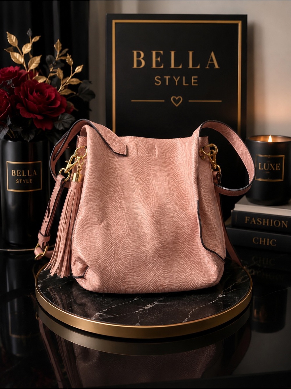 Dusty Pink Leather Shoulder Bag with Tassel